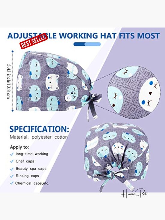 6 Pcs Cute Animal Print Adjustable Scrub Caps with Buttons - Surgical Nursing